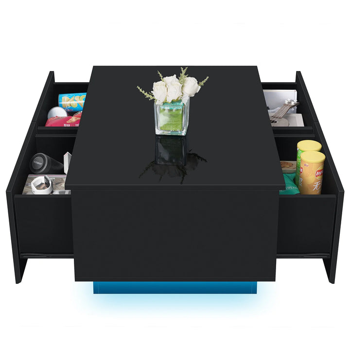 Sleek Black High Gloss LED Coffee Table with 4 Functional Drawers - Perfect Center Cocktail Side Table