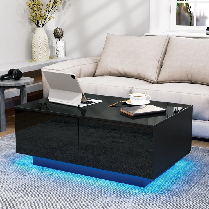 Sleek Black High Gloss LED Coffee Table with 4 Functional Drawers - Perfect Center Cocktail Side Table