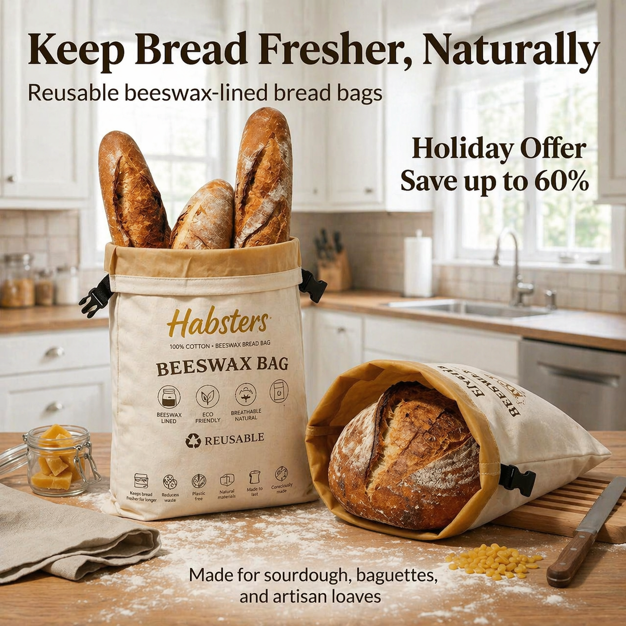 Premium 100% Cotton-Beeswax Bread Bags