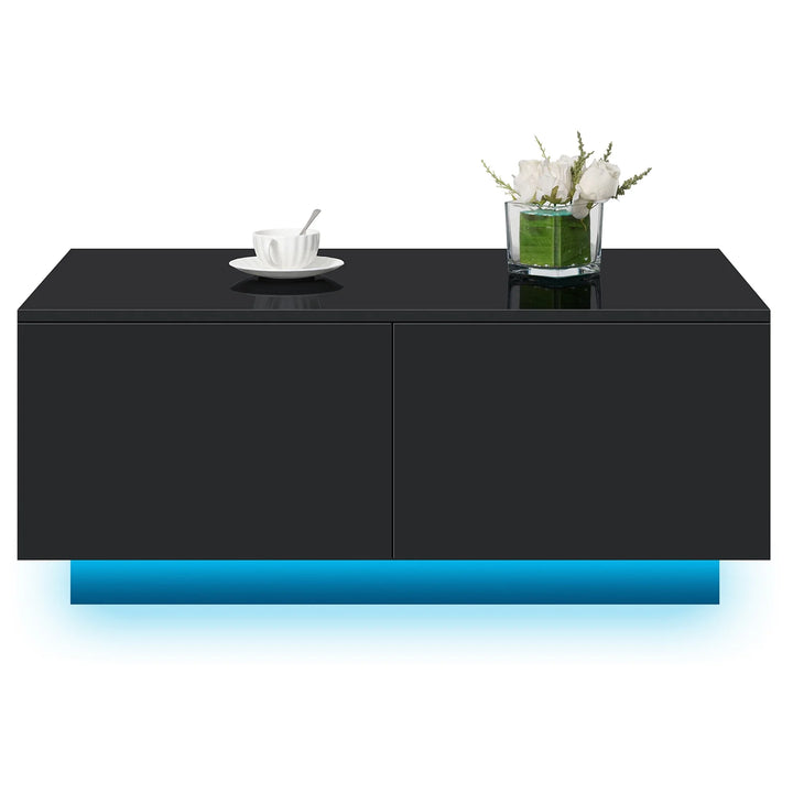 Sleek Black High Gloss LED Coffee Table with 4 Functional Drawers - Perfect Center Cocktail Side Table