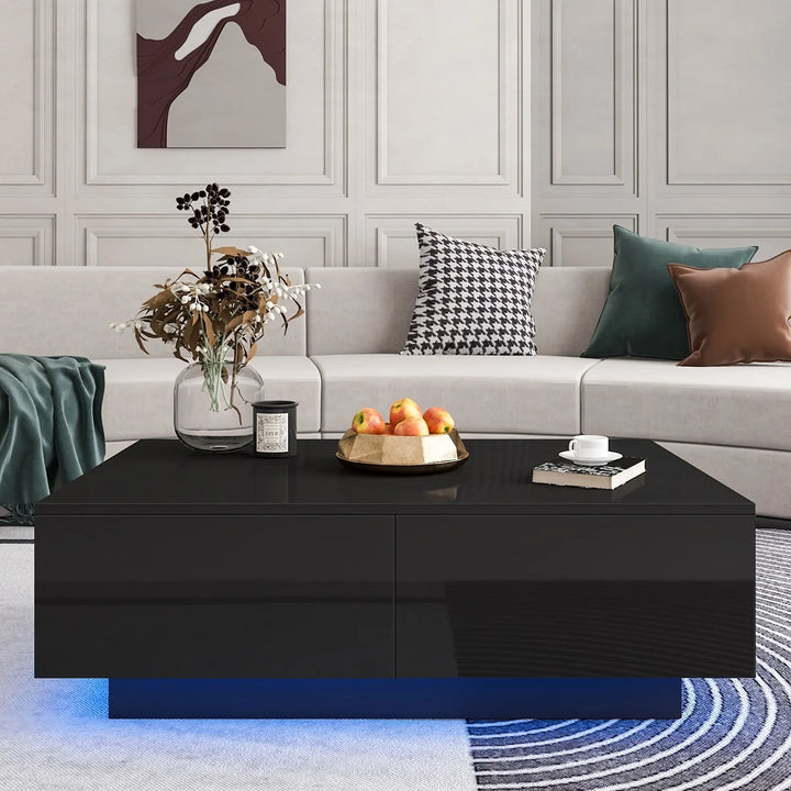 Sleek Black High Gloss LED Coffee Table with 4 Functional Drawers - Perfect Center Cocktail Side Table