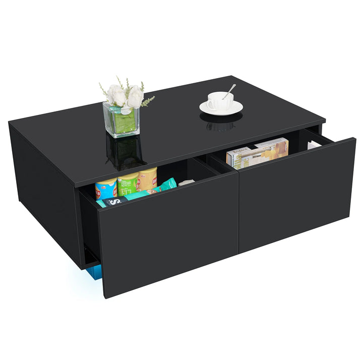 Sleek Black High Gloss LED Coffee Table with 4 Functional Drawers - Perfect Center Cocktail Side Table